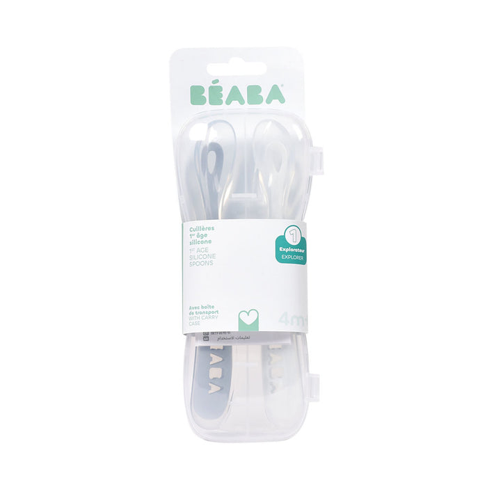 Beaba 1st Stage Silicone Spoons & Case 2 Pack - Cloud Blue/Pebble