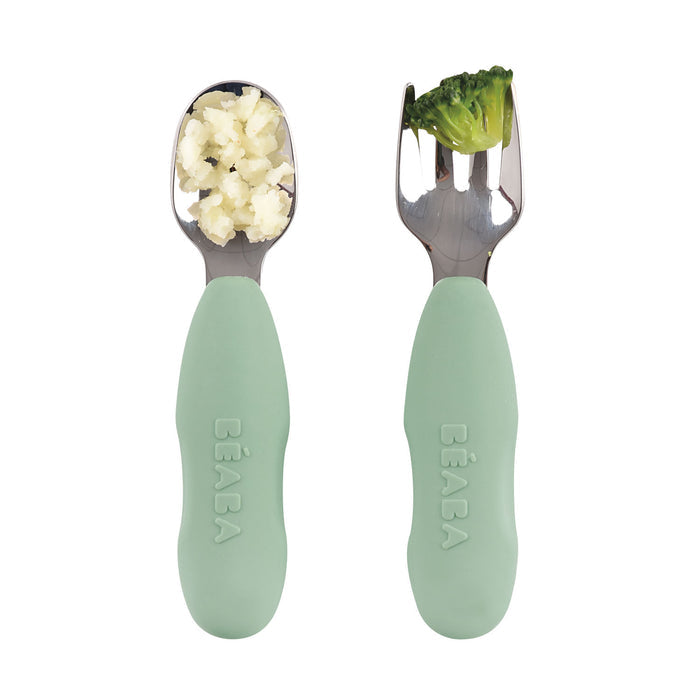 Beaba Fork & Spoon Stainless Steel Pre-Cutlery - Sage Green
