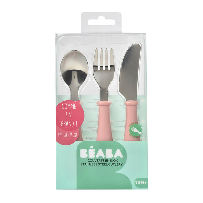 Beaba Stainless Steel Training Cutlery 3 Piece Set - Old Pink