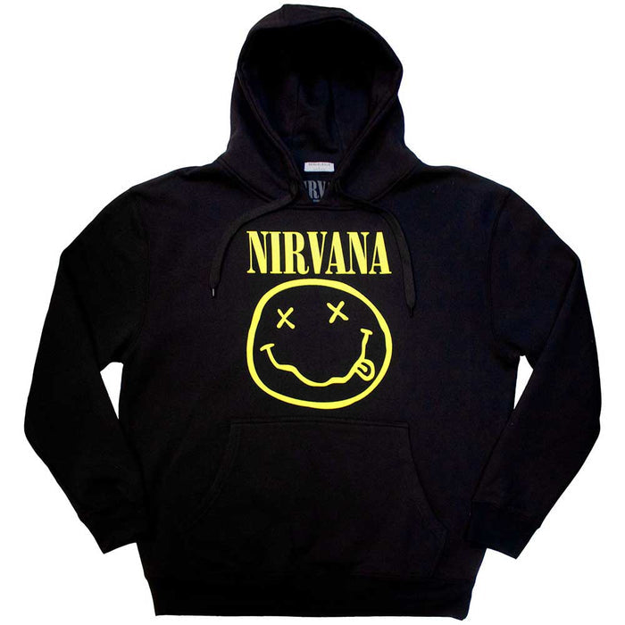 Nirvana Unisex Pullover Hoodie: Yellow Happy Face (Black)