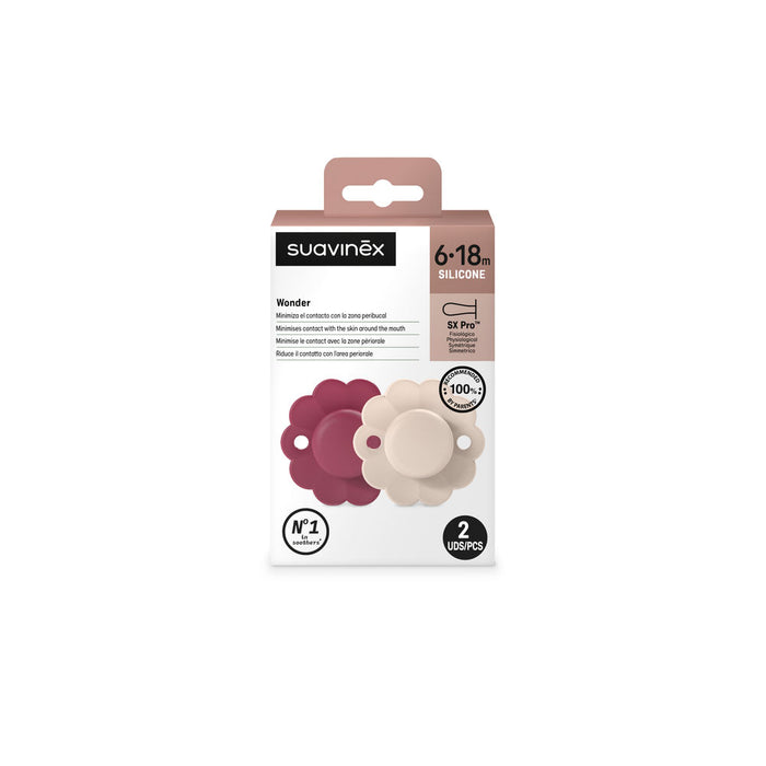 Suavinex Wonder SX Pro Soother 6-18 Months 2 Pack - Magenta/Mauve Chalk